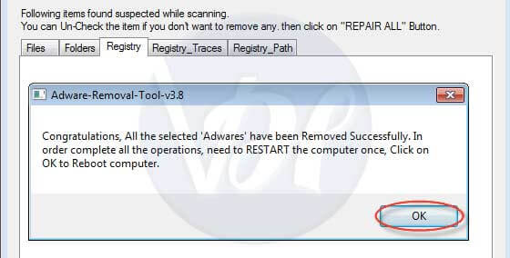 Click on "Ok" to reboot your computer.