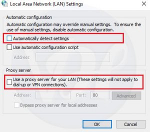 unmark Use a proxy server for your LAN option