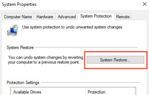 System Restore option in System properties