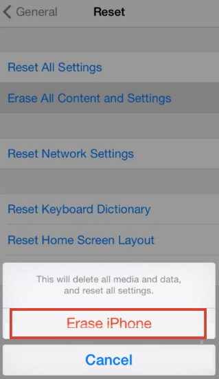 Erase iPhone option to confirm soft reset