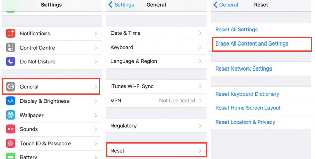 erase all content and settings General >> Reset >> Erase All Content And Settings
